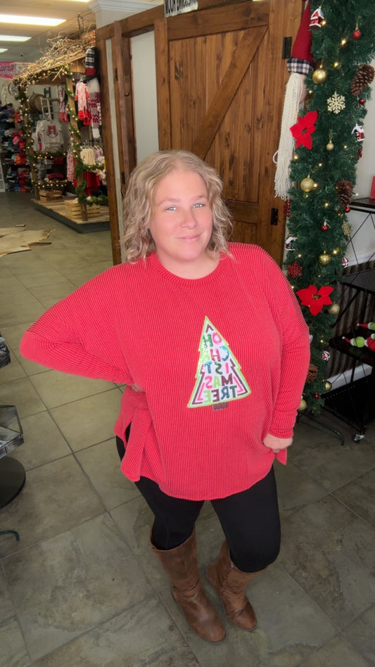 Sequin Oh Christmas Tree Ribbed Long Sleeve Top