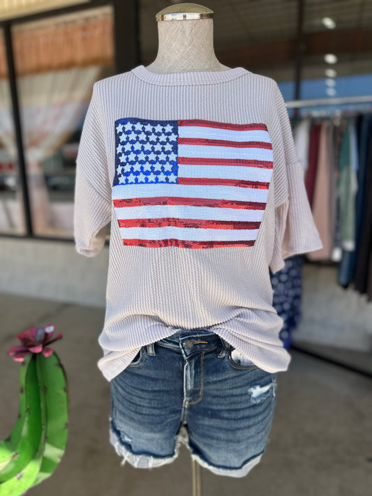 Oatmeal American Flag Ribbed Top