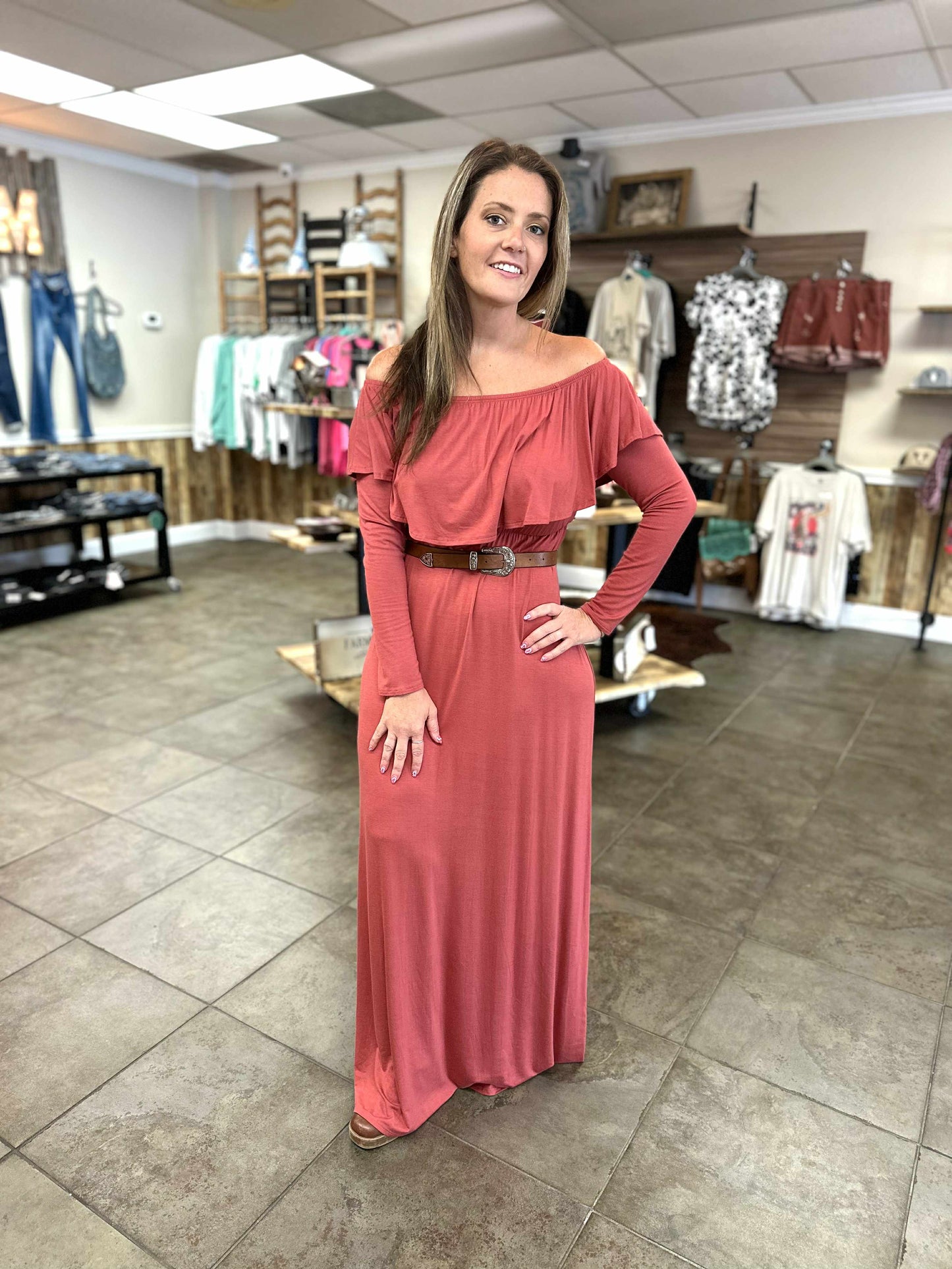 Marsala Scrunch Shoulder Maxi Dress