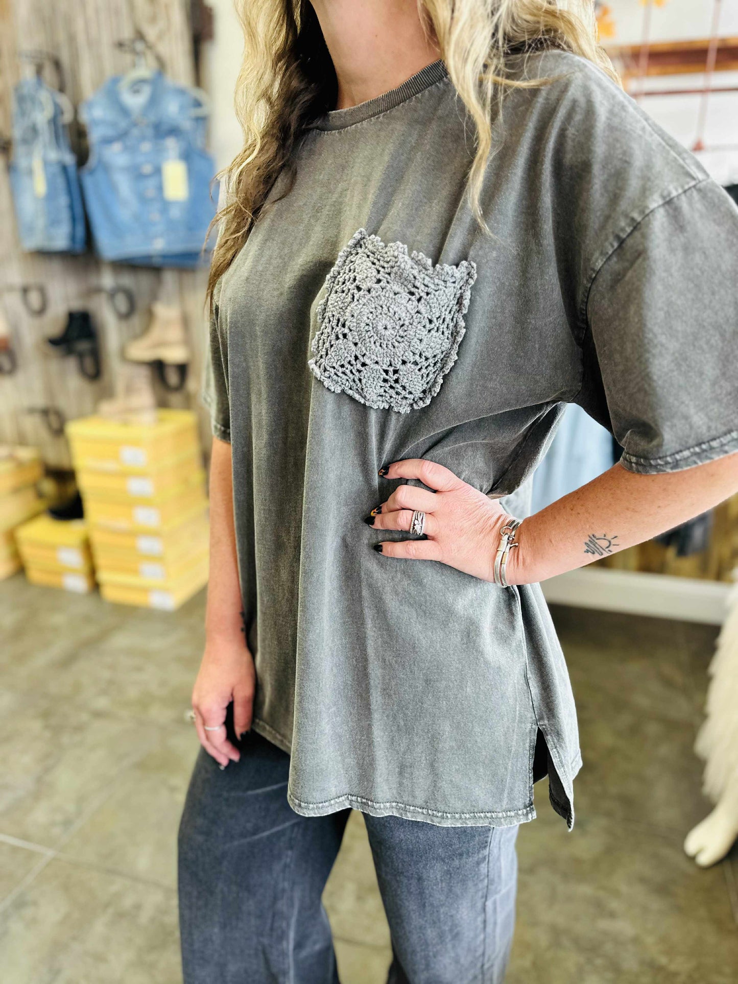 Black Oversized Flower Pocket Mineral Wash Top