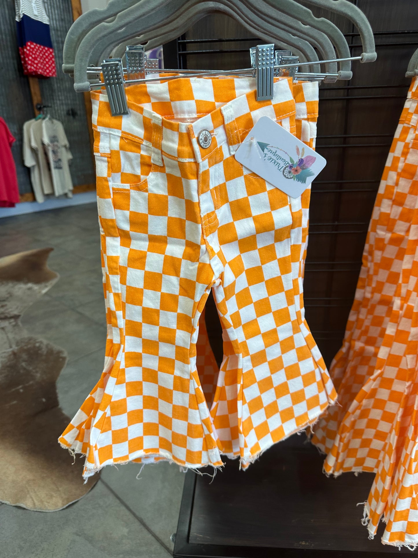 Girls Orange & White Checkered Jeans