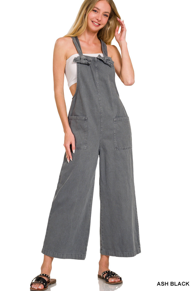 Black Acid Wash Knot Strap Jumpsuit