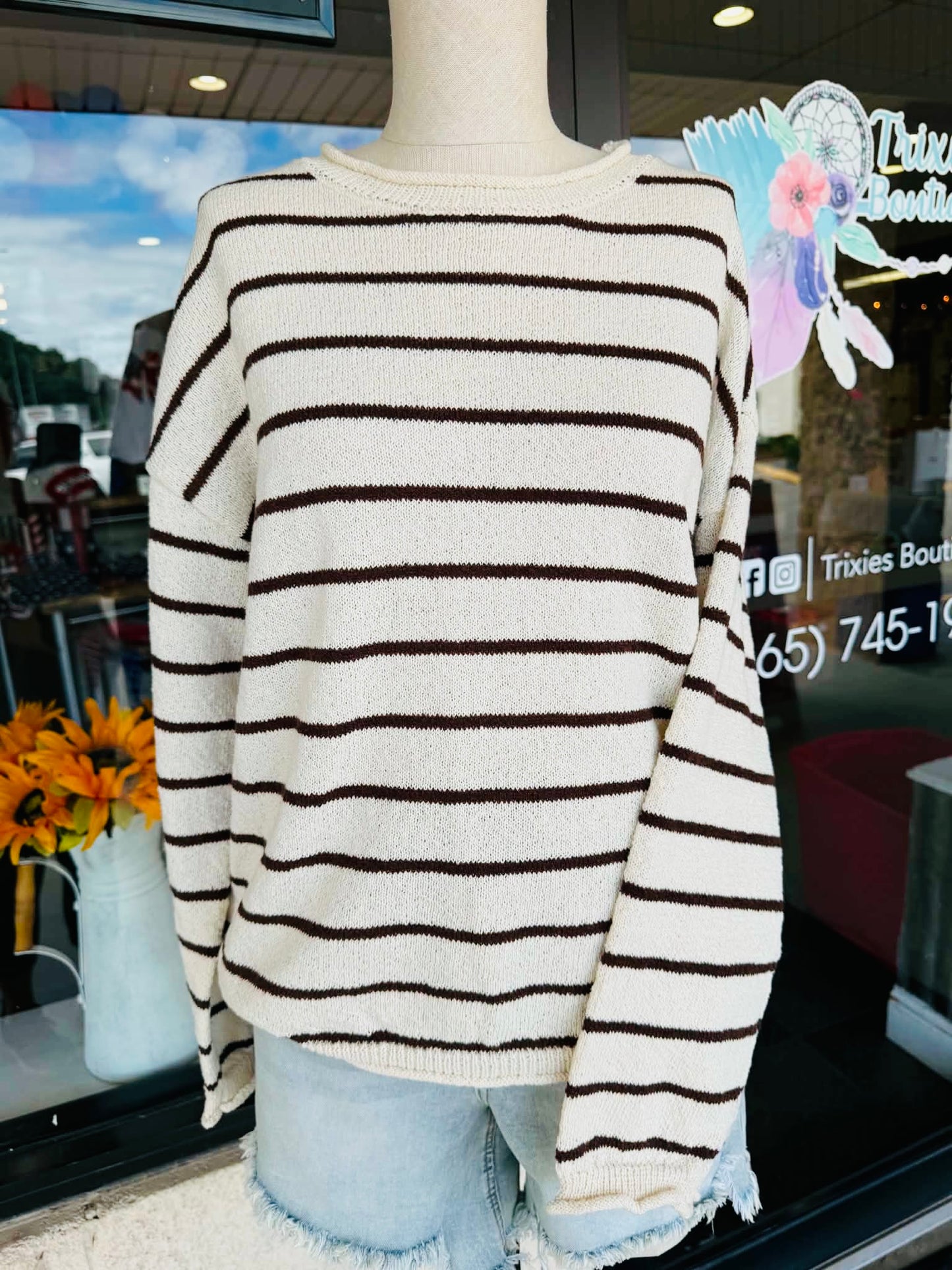 Cream Stripped Knit Sweater