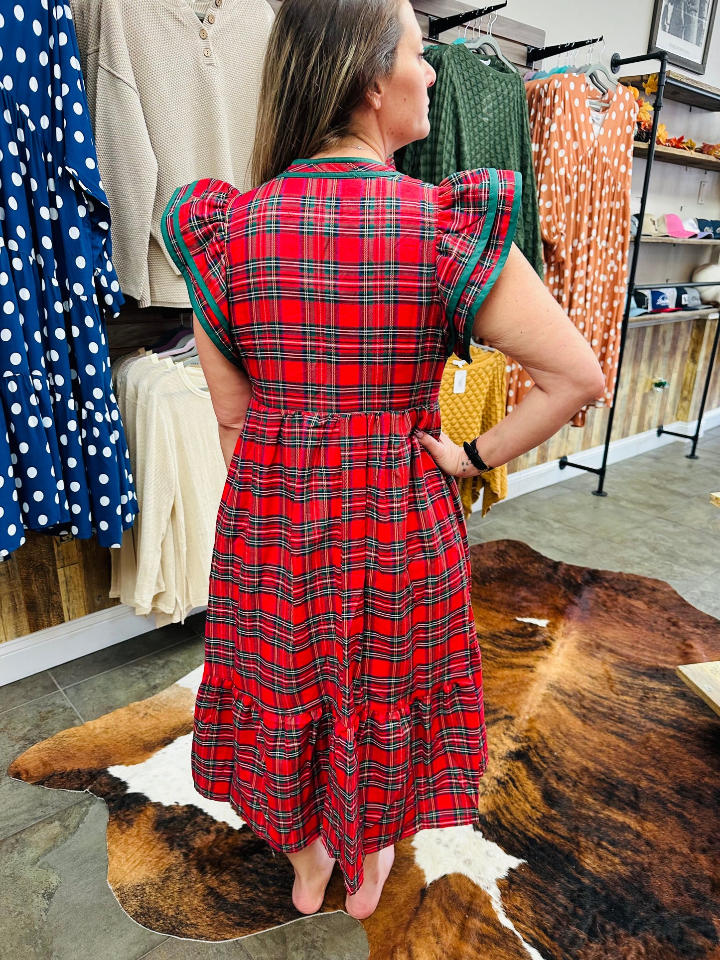 Red Ruffle Sleeve Plaid Dress