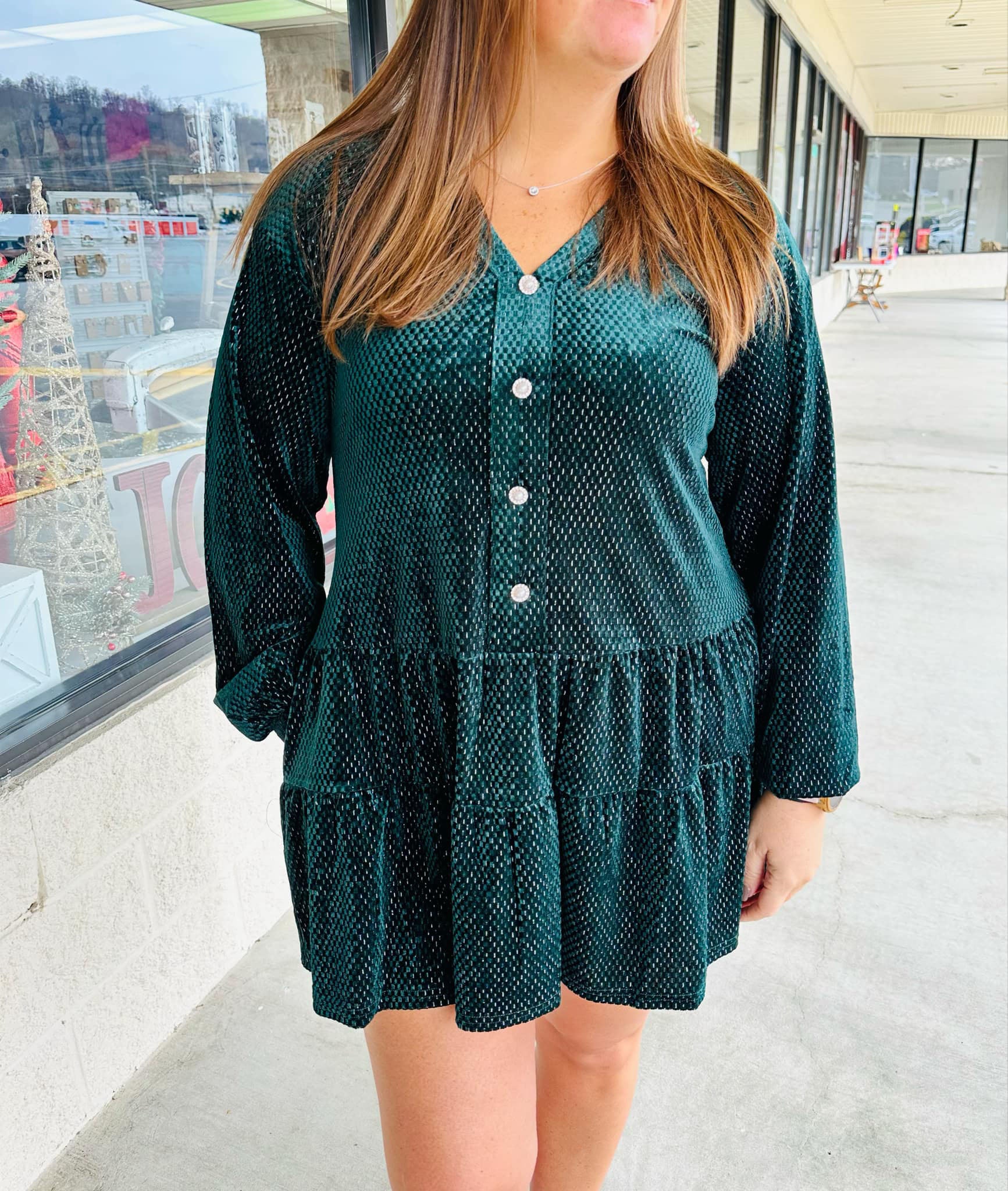 Forest  Green Velvet Dress W/ Buttons Medium