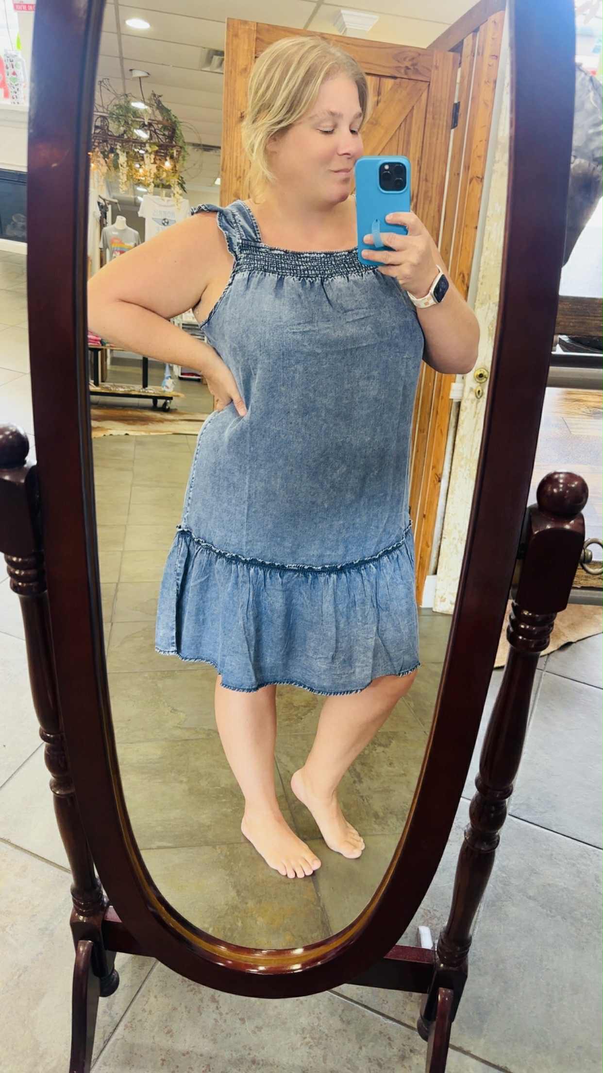 Denim Smocked Mini Dress with Ruffle