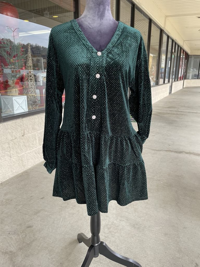 Forest  Green Velvet Dress W/ Buttons Medium
