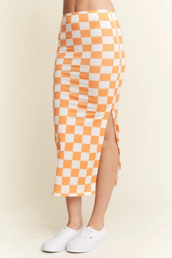 HI- Waist Checkered Midi Pencil Skirt