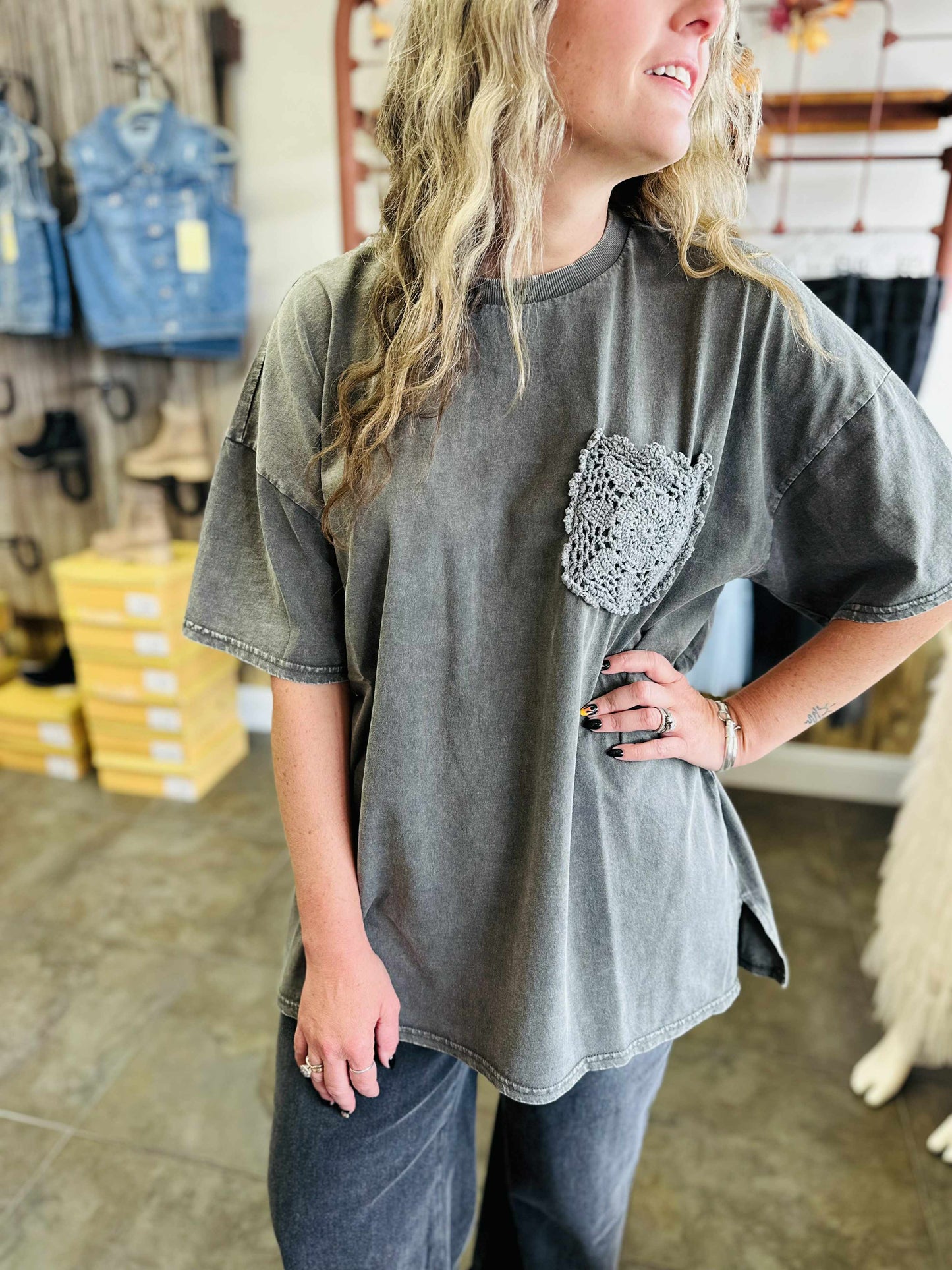 Black Oversized Flower Pocket Mineral Wash Top