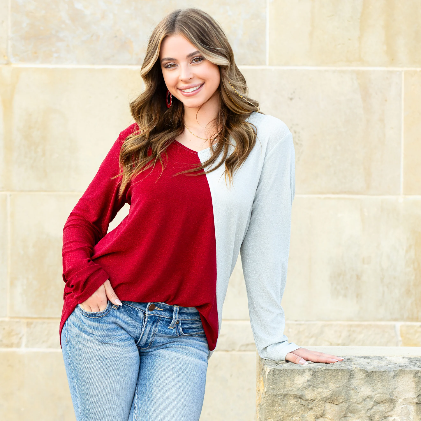 Shimmer Vneck Color Block Top