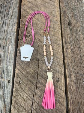 Asst. Leather Beaded Necklaces Cream Beaded Pink